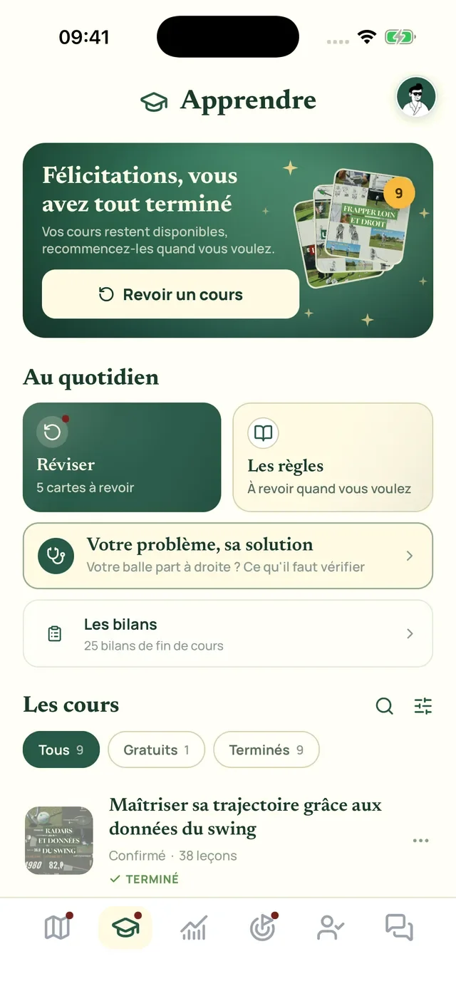L'écran Apprendre de l'application