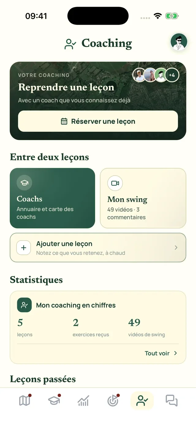 L'écran Coaching de l'application