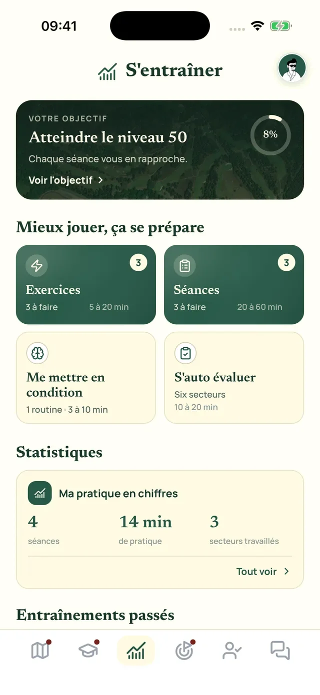 L'écran S'entraîner de l'application