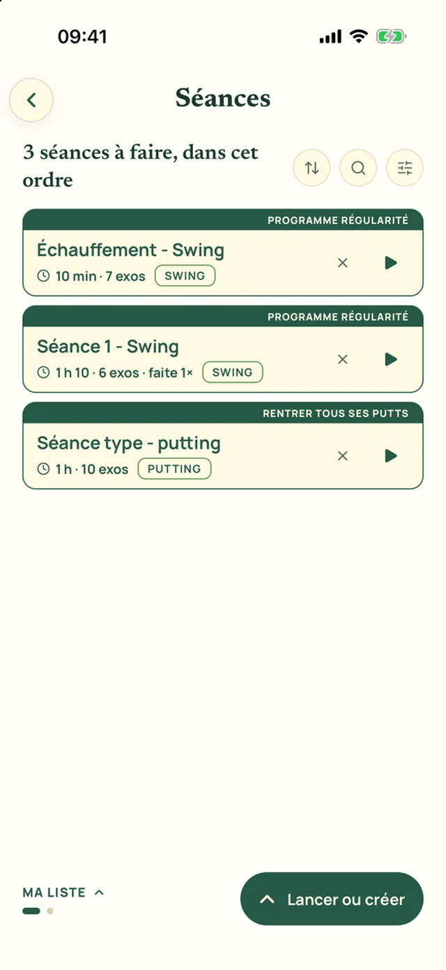 L'écran Séances de l'application Ona Golf